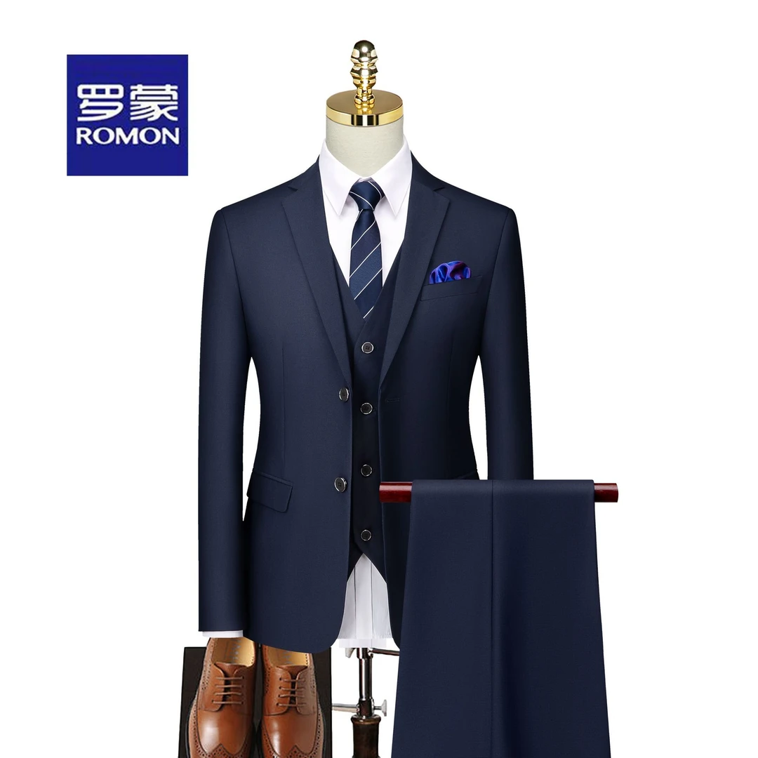 罗蒙男士蓝色纯色长袖西服套装修身职业上班工作正装结婚婚礼礼服