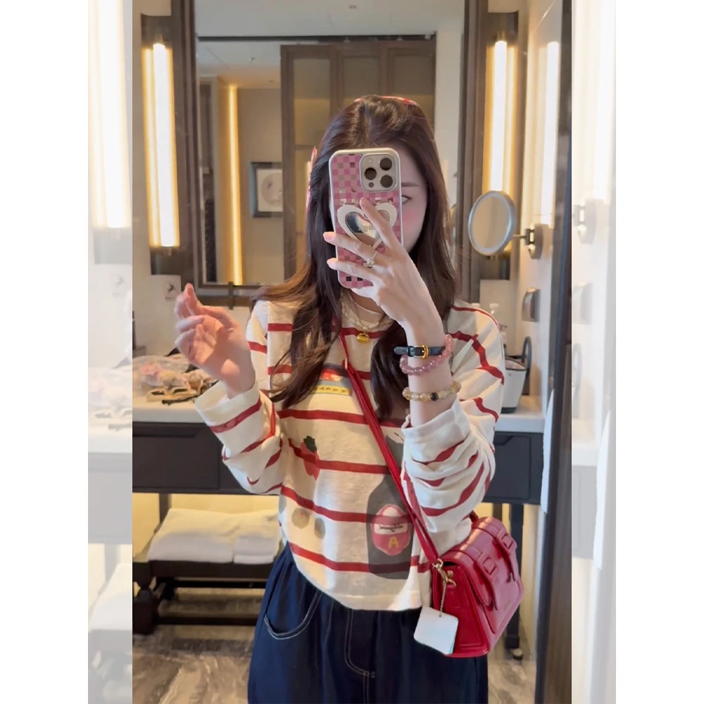 红色条纹冰丝长袖防晒t恤罩衫女夏季大码宽松短款空调衫上衣薄款