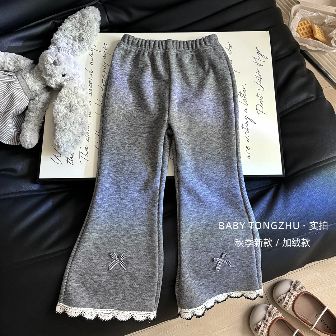 【秋冬爆款】女童蝴蝶结花边韩版修身加绒打底喇叭裤蝴蝶结保暖裤