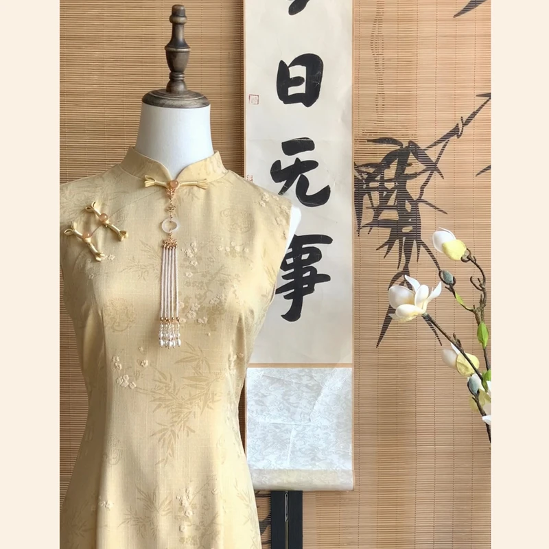 【如月】新中式黄色新中式改良旗袍日常气质修身提花国风连衣裙夏