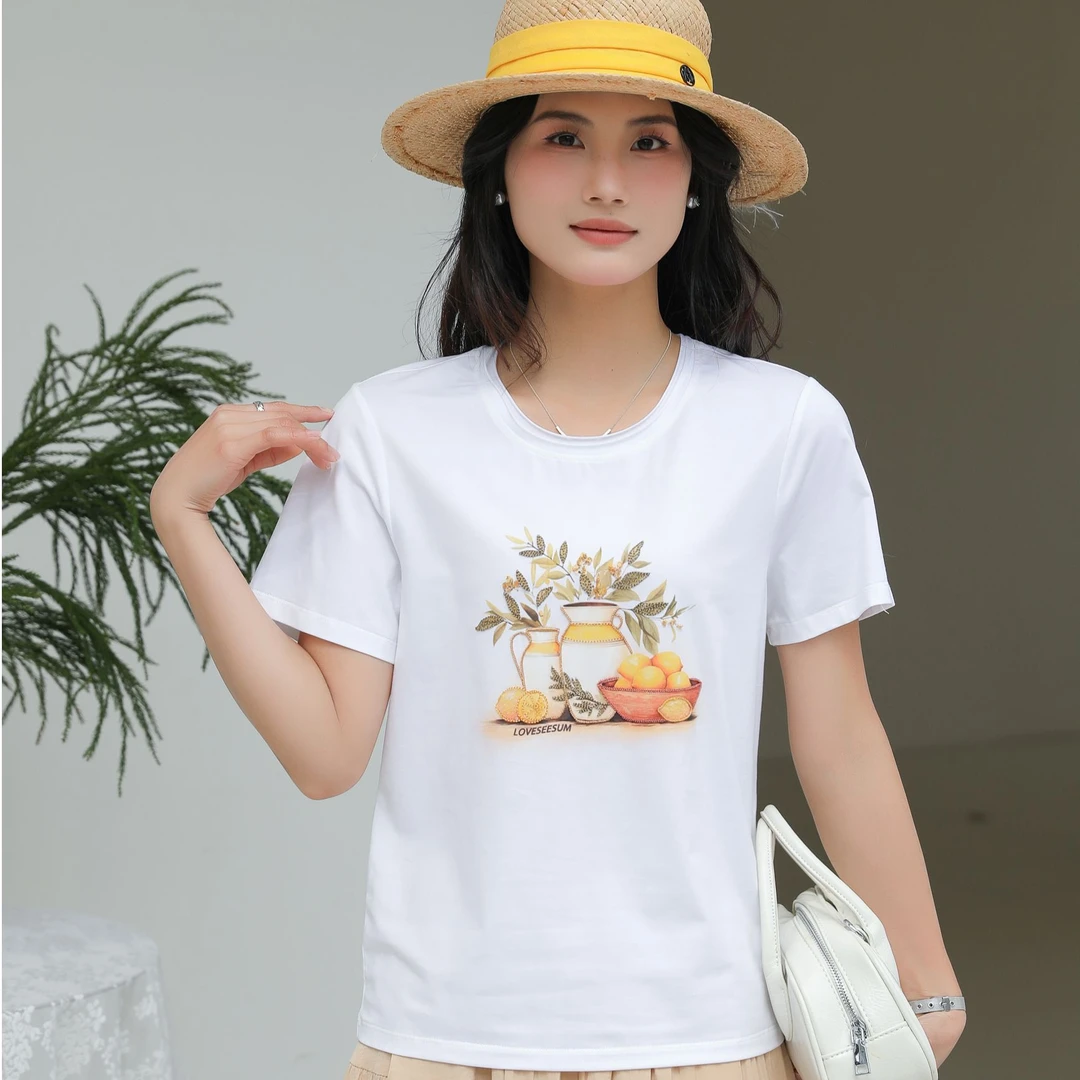 怡特美【柠檬】夏季兰精莫代尔+棉 工艺刺绣 抗菌圆领短袖t恤259803