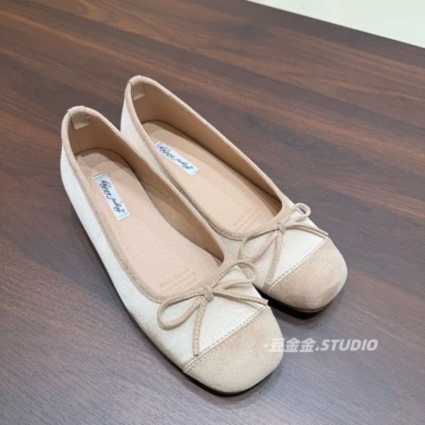 杏色绸缎温柔风内增高蝴蝶结鞋