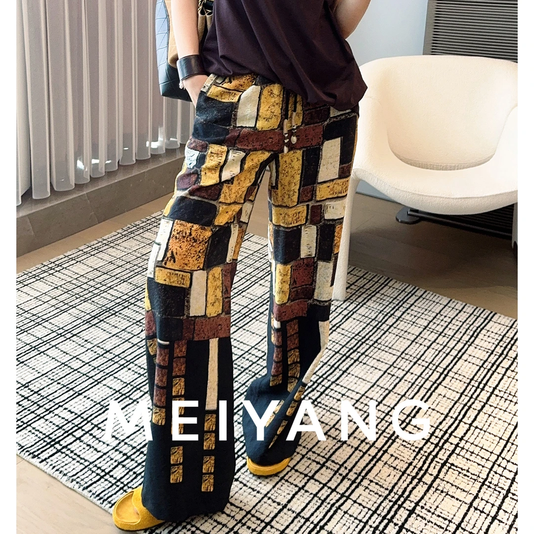 美洋MEIYANG 琉璃裤 砂岩几何印花松紧腰宽松休闲裤【大60】-周三