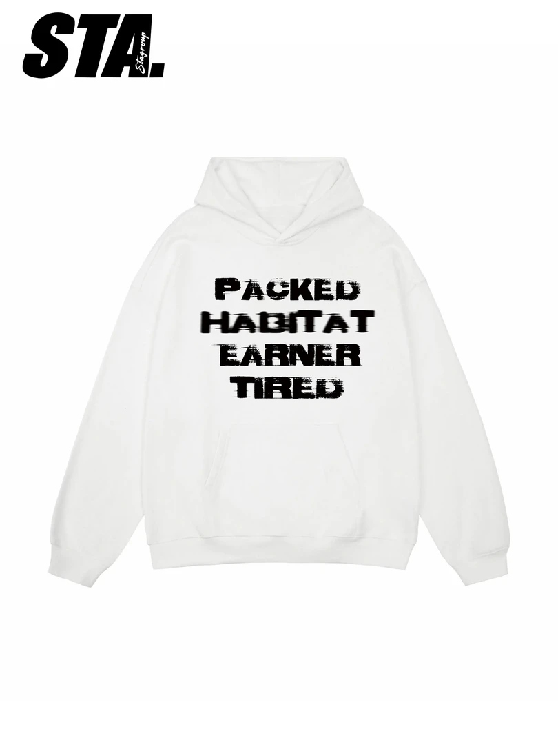 STA模糊字母印花卫衣加绒连帽外套潮牌纯棉宽松男女情侣款帽衫