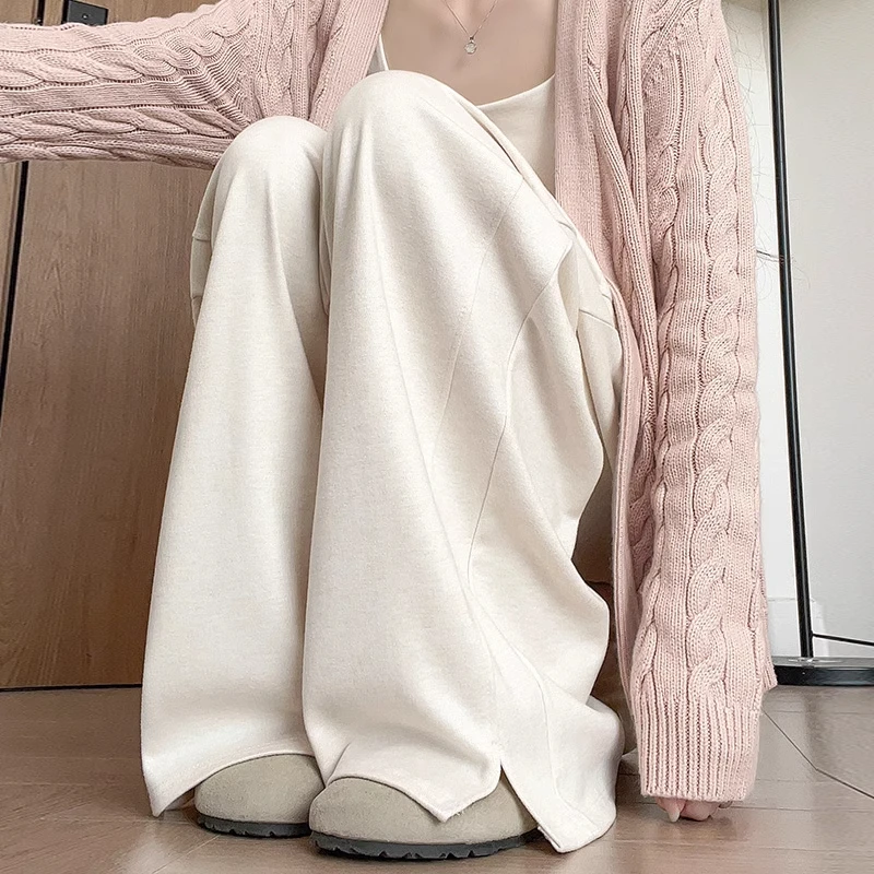 米白色开叉阔腿裤女秋季2025新款小个子宽松慵懒风bf休闲直筒裤子