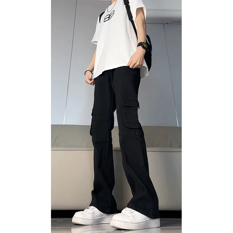 美式高街黑色工装裤男春秋季hiphop潮牌痞帅牛仔裤微喇弹力长裤子