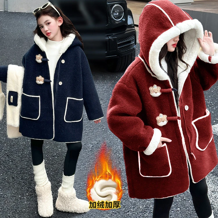 女童毛毛衣外套秋冬款2025新款儿童加绒连帽一体绒风衣中大童大衣