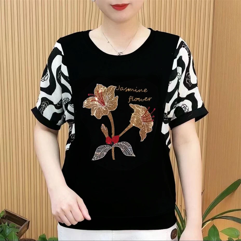 2025夏季新款烫钻圆领宽松短袖T恤衫大码显瘦胖MM遮肚减龄上衣女