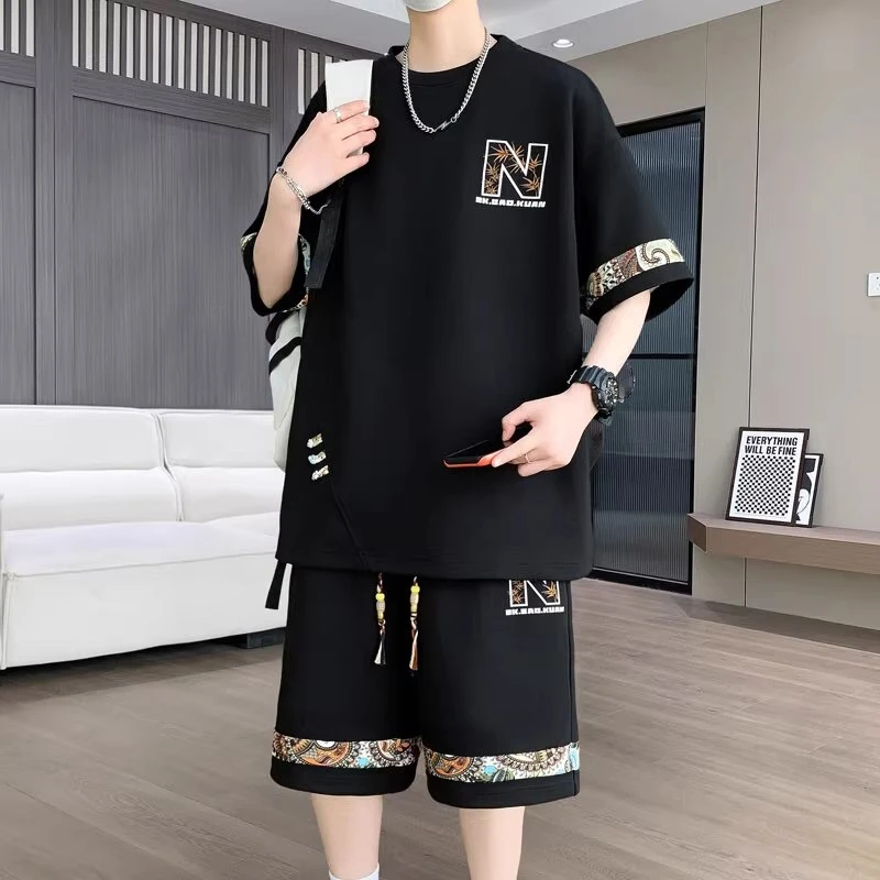 休闲运动男士套装2025年夏季新款宽松大码短袖短裤时尚百搭两件套