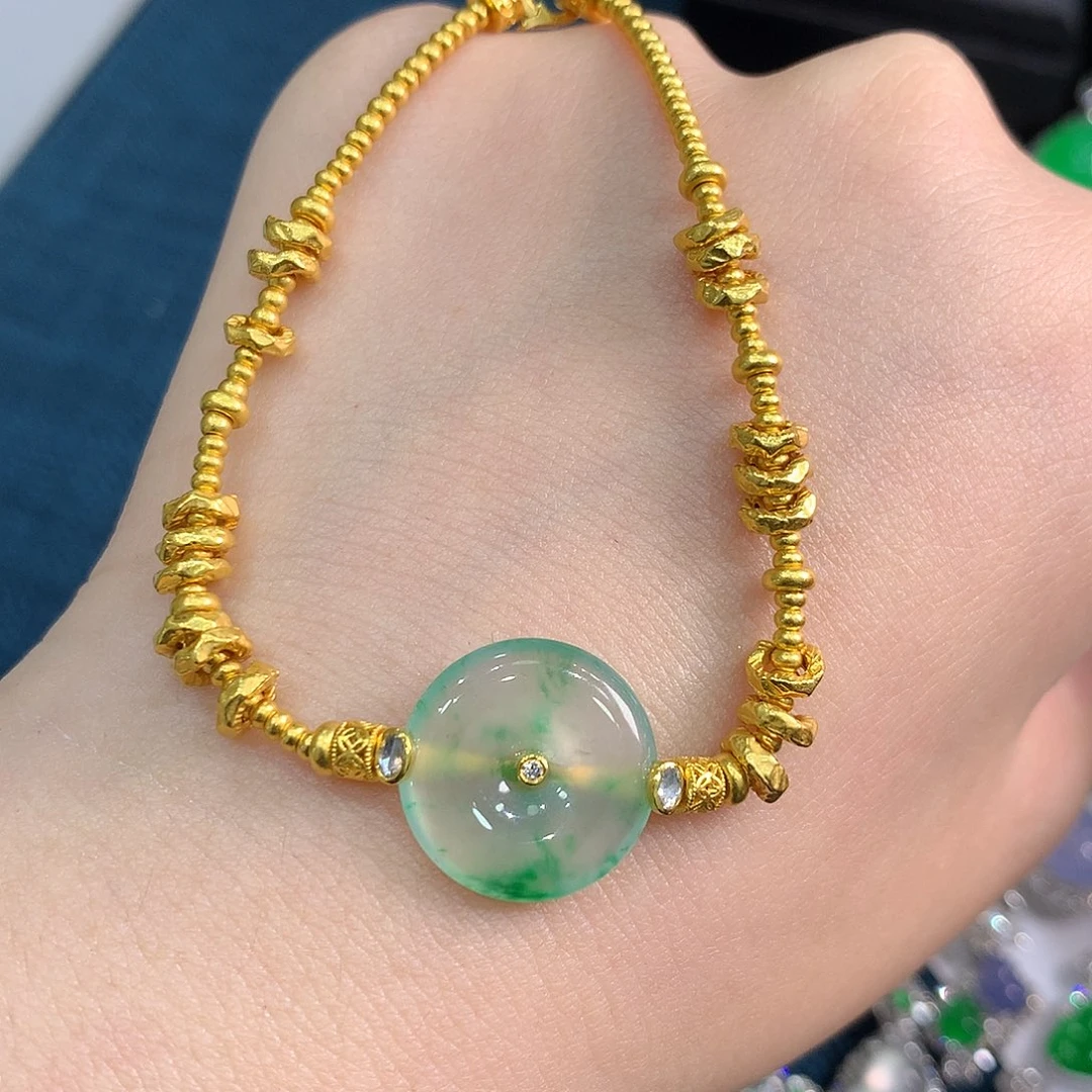 翡翠18K金镶嵌颈饰高冰飘阳绿花平安扣手链 48小时鉴赏期