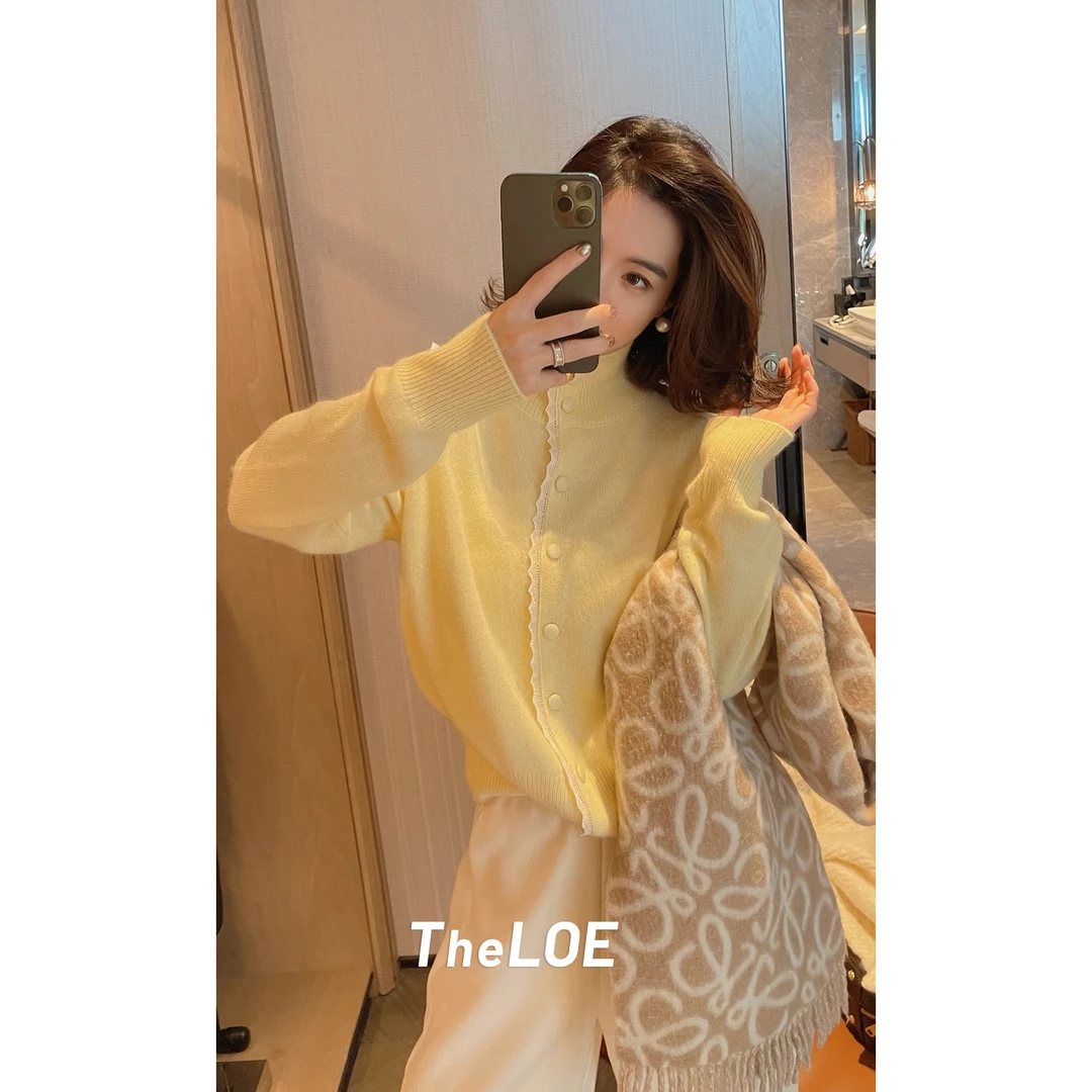 TheLOE/【温柔小优雅立领蕾丝毛衣】301g翻领减龄针织开衫#LE-22562