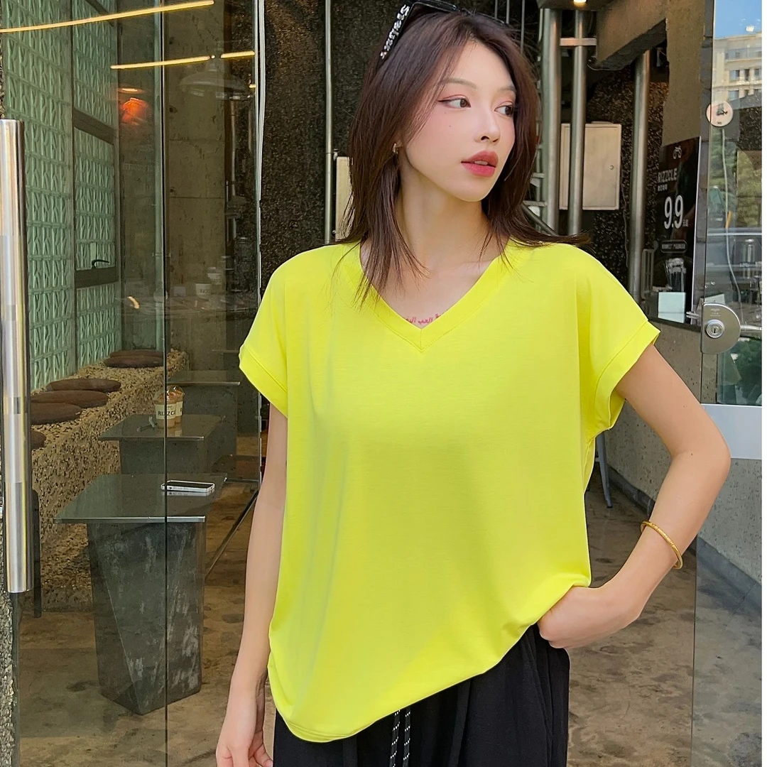 D182夏季新款休闲韩版百搭简约V袖口女士V领短袖T恤25-118
