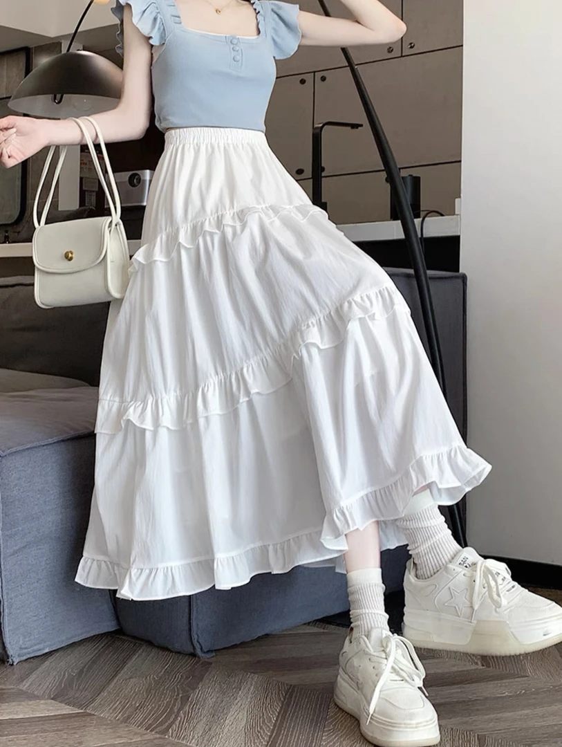 春夏复古碎花素色百搭高腰蛋糕法式长款半身裙（201-250）