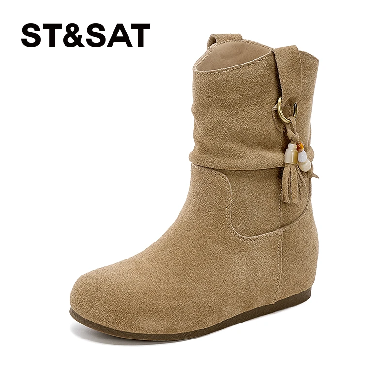 星期六舒适平底短靴2025秋季新款时尚反绒皮时装靴复古西部堆堆靴