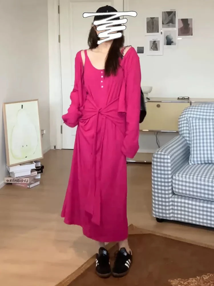 慵懒风设计感收腰吊带连衣裙开衫两件套春季新款时尚套装