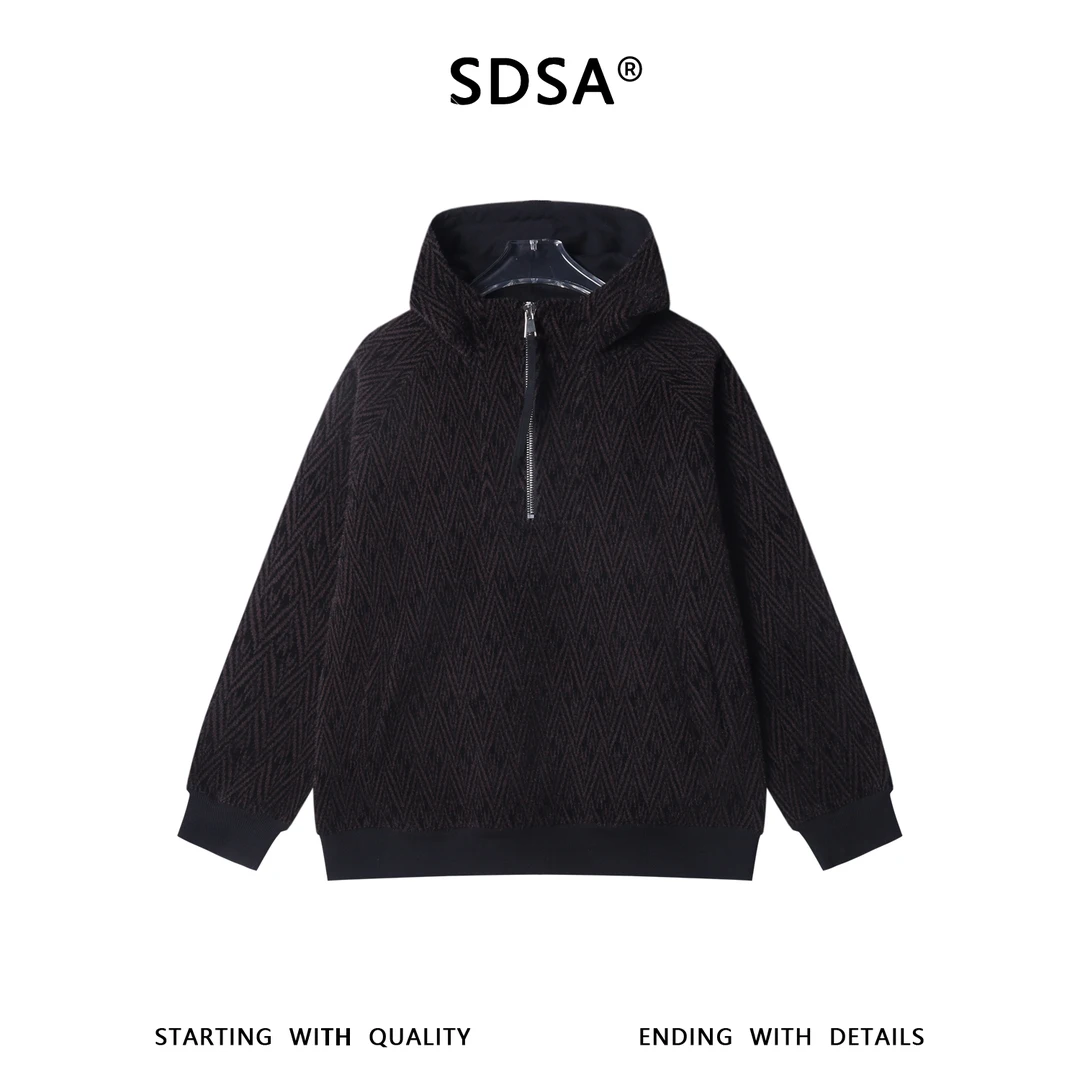 SDSA秋冬新款痞帅男装美式绒毛满印字母半拉链立领连帽卫衣潮百搭