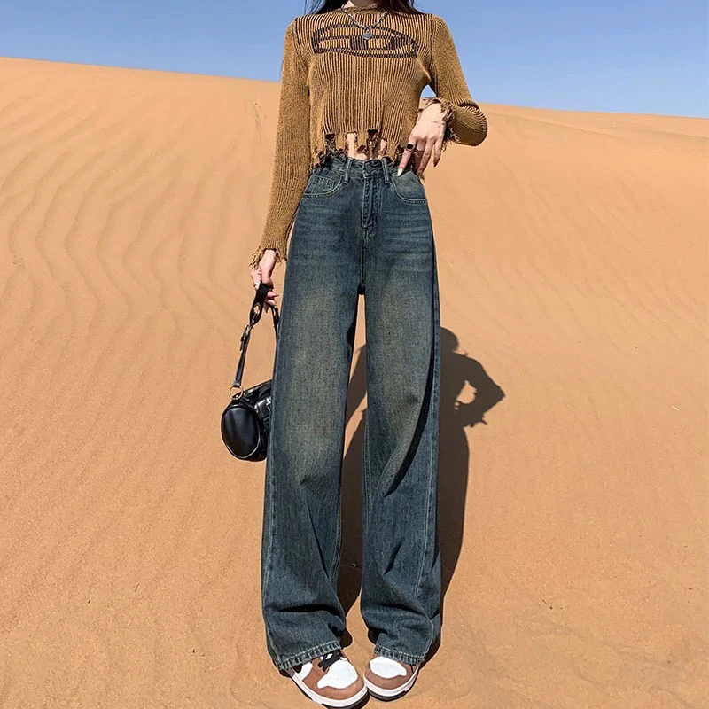 复古高腰牛仔裤爆款2025新款春夏水泥灰窄版直筒显瘦垂感裤子阔腿