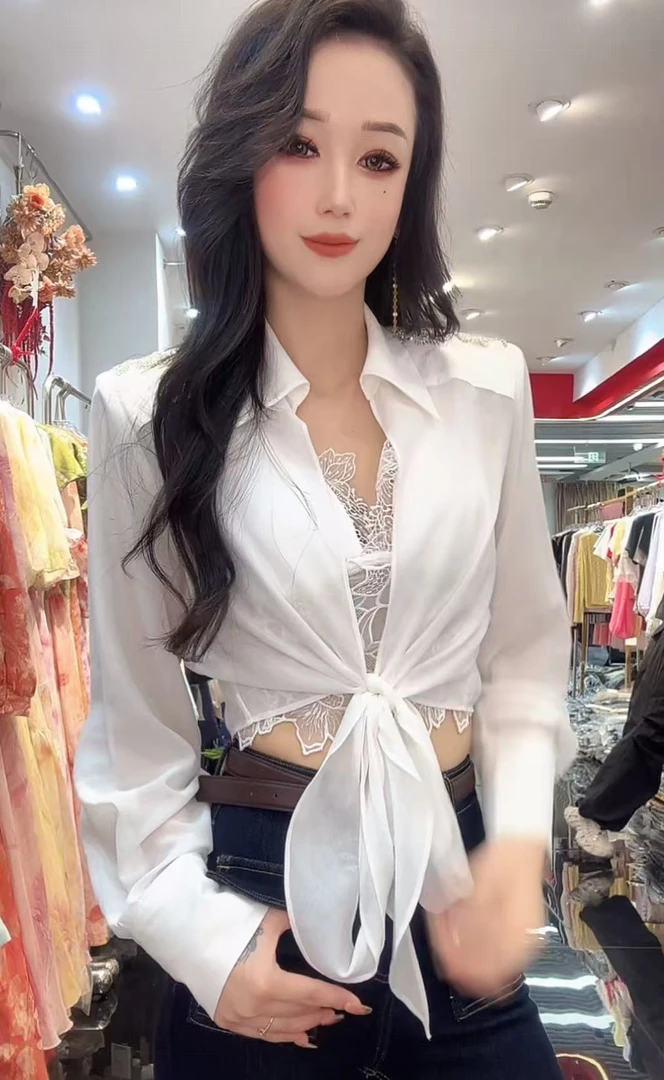 淑雅服饰   长袖系带白色设计感薄款性感上衣背心两件套5261