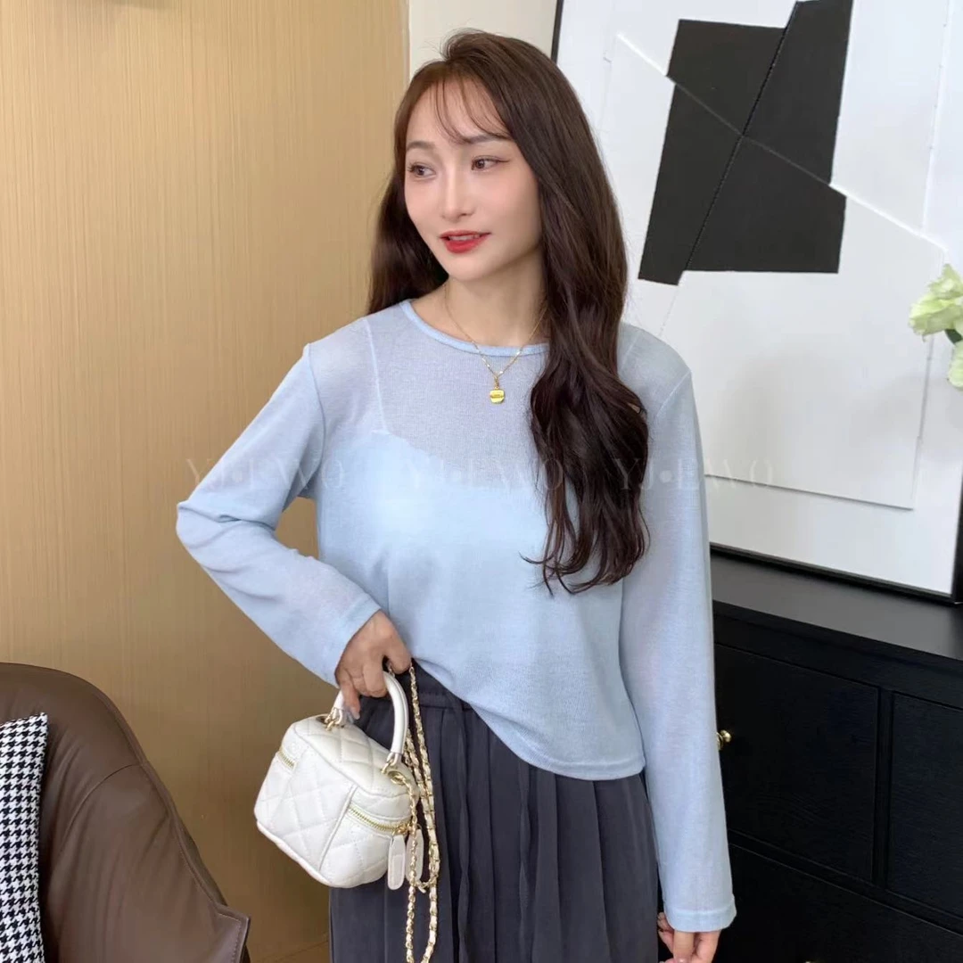 （现货）夏季新款长袖不规则圆领休闲显瘦宽松上衣-9597