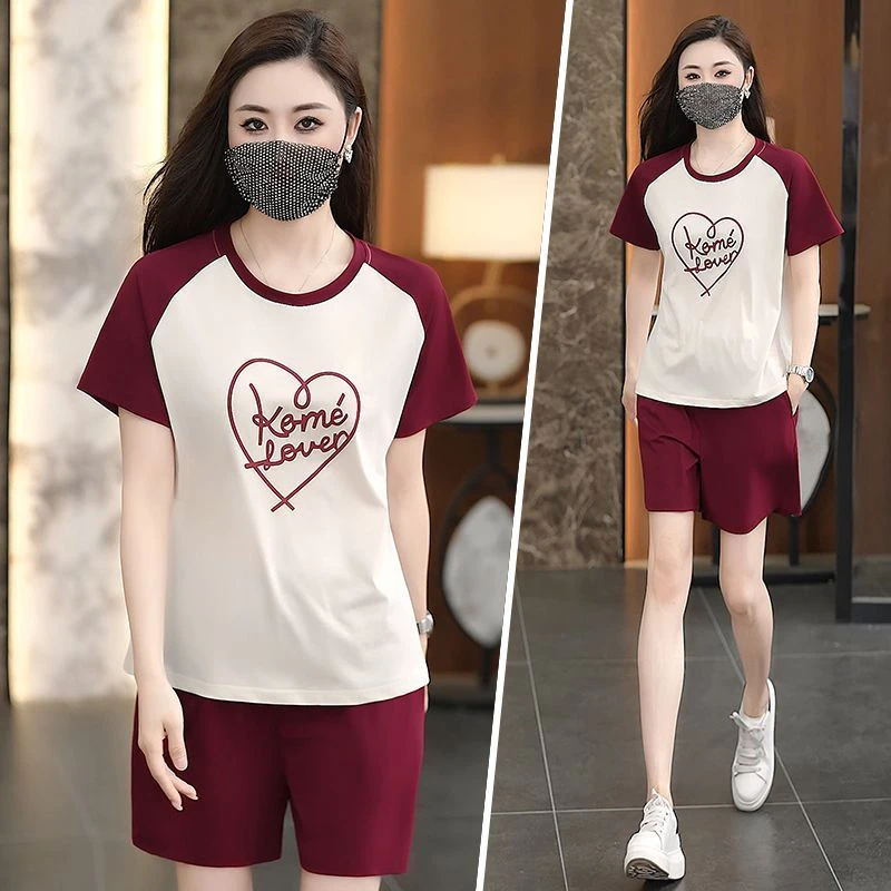 短袖纯棉夏季短裤运动套装2025时尚新款宽松减龄遮肚子休闲两件套