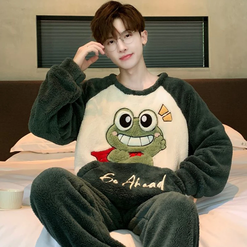 冬季加绒加厚珊瑚绒男士圆领睡衣冬天青少年学生卡通家居服秋冬款