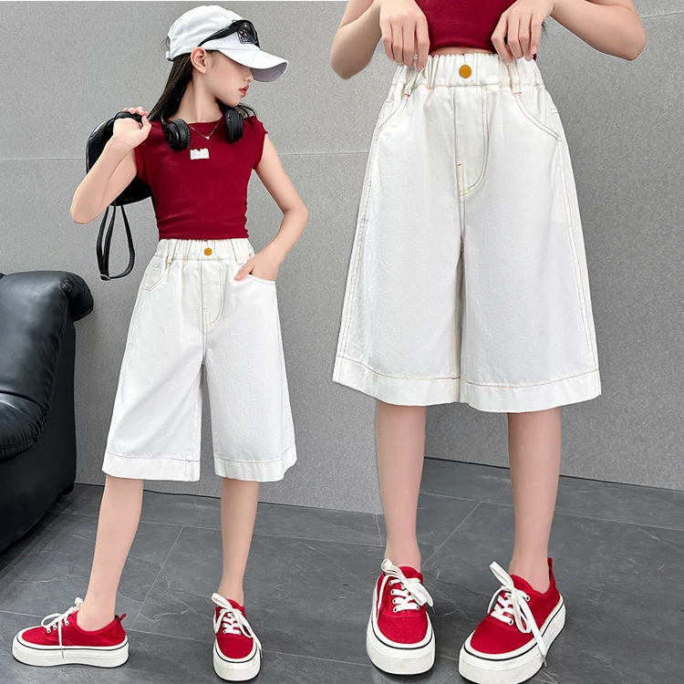 女大童休闲五分裤夏季薄款2025新款女孩宽松短裤儿童白色直筒中裤