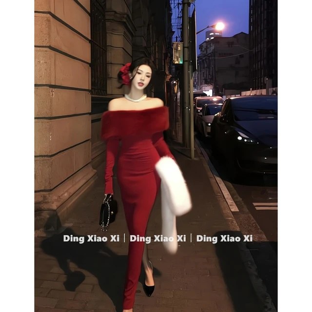 法式一字肩红色连衣裙女春季内搭纯欲风复古修身显瘦打底包臀长裙
