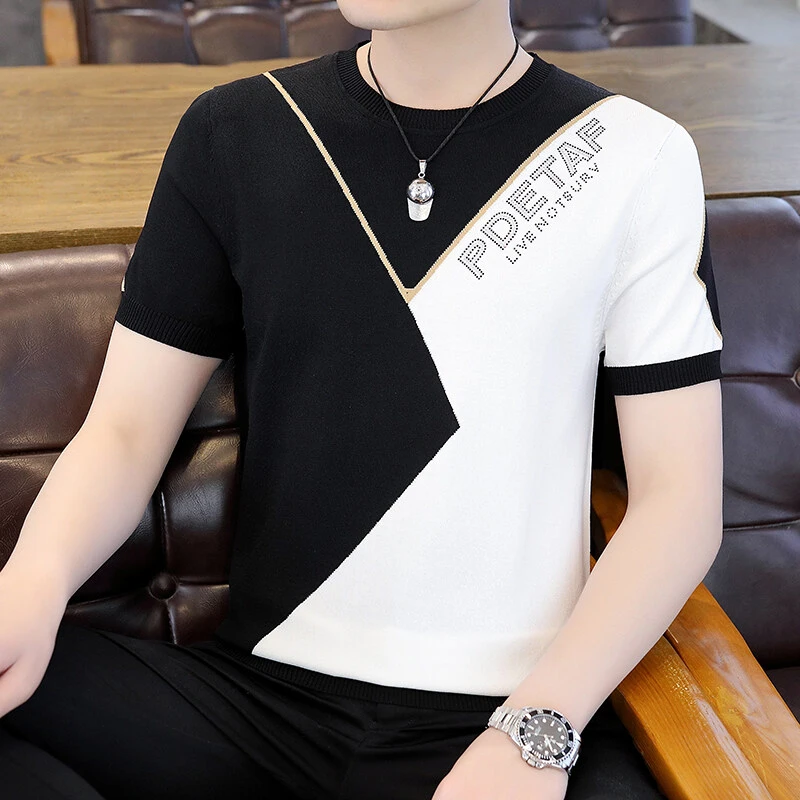男士夏季新款针织韩版圆领烫钻帅气百搭时尚伊力特短袖T恤潮流款