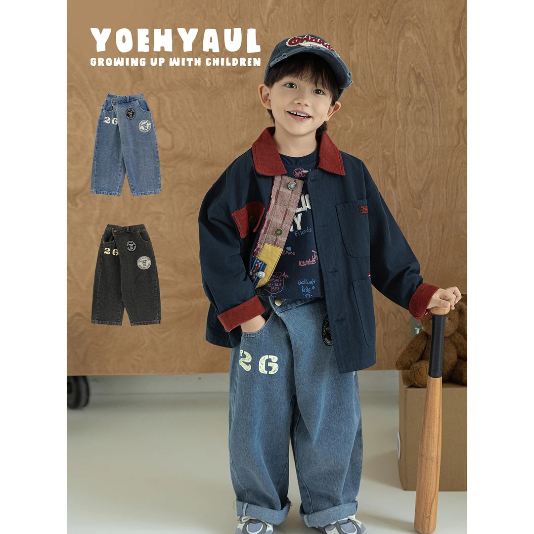 幼悠男童2025秋季新款美式直筒牛仔裤简约时髦儿童休闲裤潮N7218