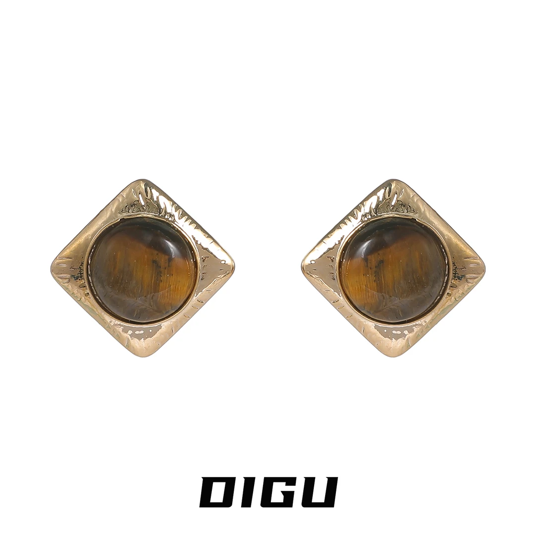 嘀咕家 铜合金仿水晶耳饰 复古美拉德风仿虎眼石耳环夸张耳钉耳饰