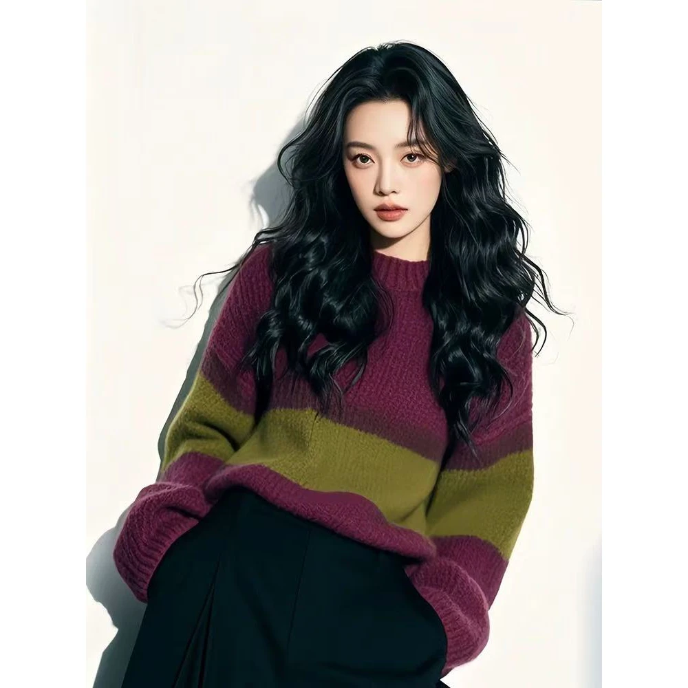 慵懒高级感超好看今年流行漂亮毛衣梅子撞色宽松加厚条纹上衣女冬