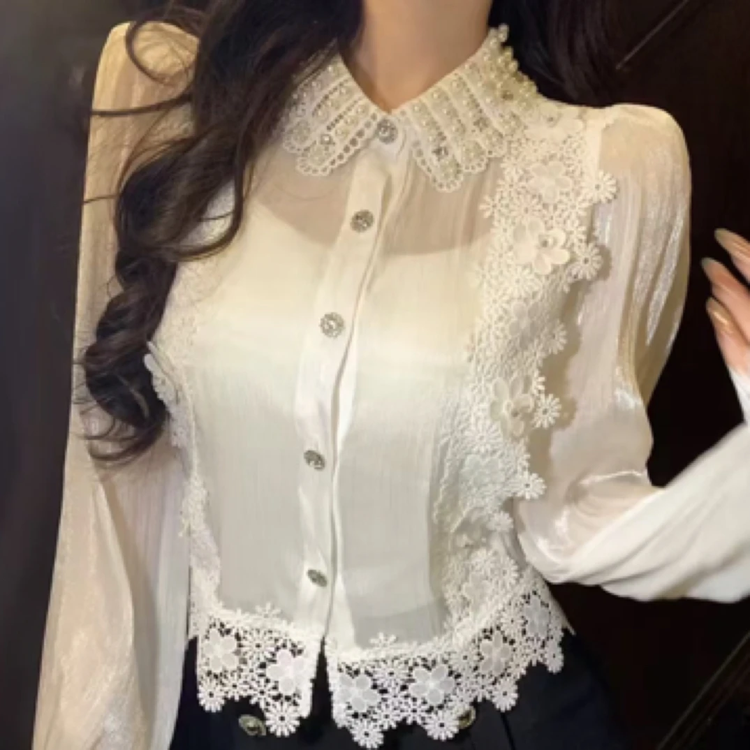 常规纯欲风翻领修身型蕾丝衬衫开衫显瘦春季衬衣小众娃娃领