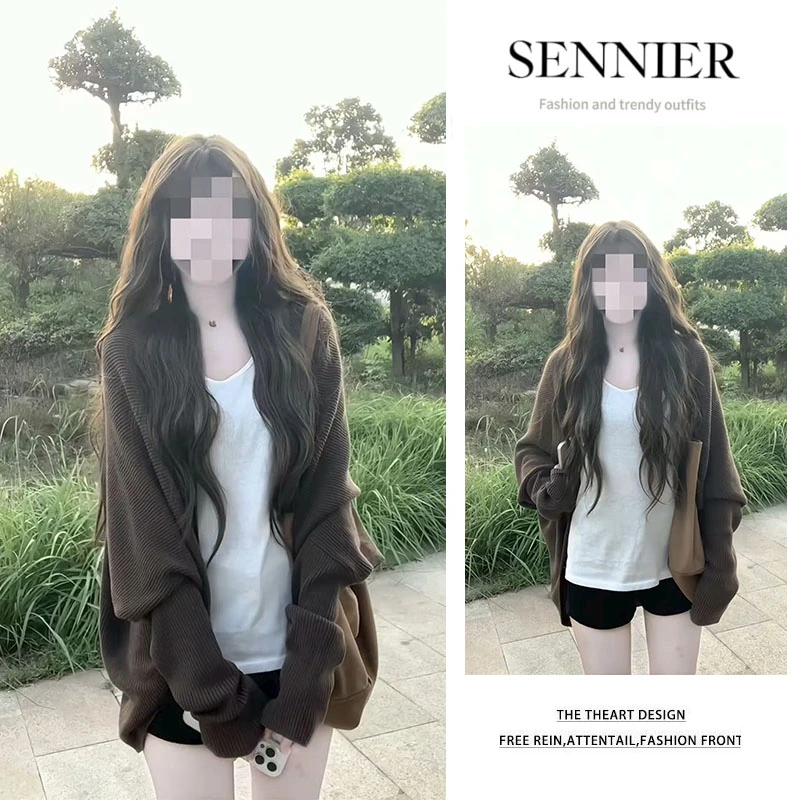 2025早秋新款慵懒风宽松长袖针织开衫纯色背心内搭显瘦短裤三件套