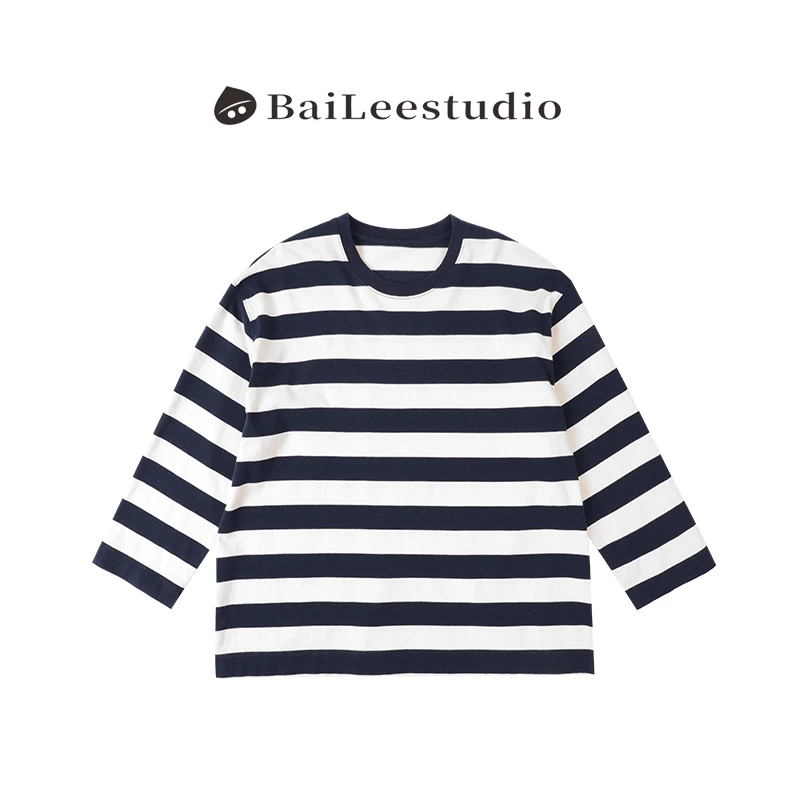 【柏栗良品】2025春装新品~宽松版圆领套头黑白条纹卫衣2221