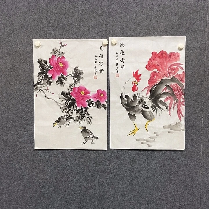 国画两幅四尺三开花鸟