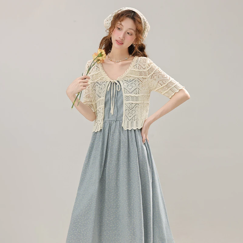 三寸藕【林间晨露】气质百搭杏色镂空开衫上衣夏季搭配吊带裙外套