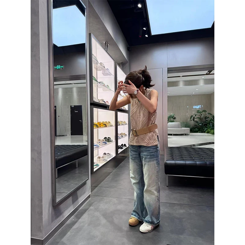 复古文艺范镂空针织设计感小众无袖背心上衣百搭显瘦直筒牛仔长裤