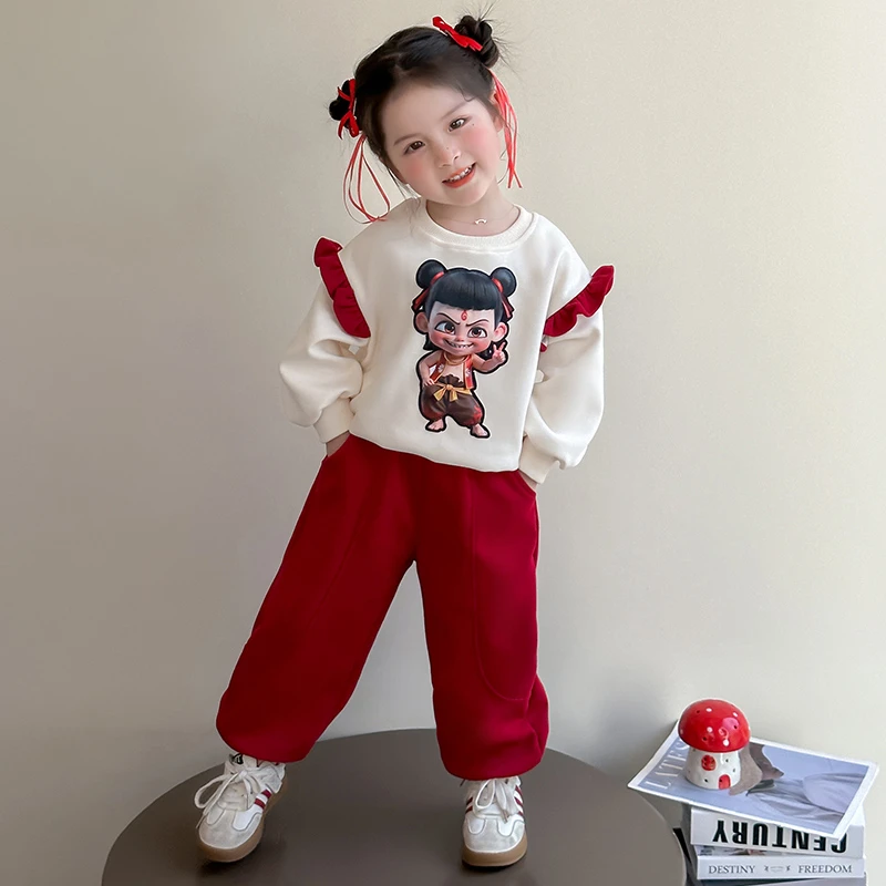 哪吒儿童服装女宝秋季花边长袖卫衣套装2025新款春秋装小女孩衣服