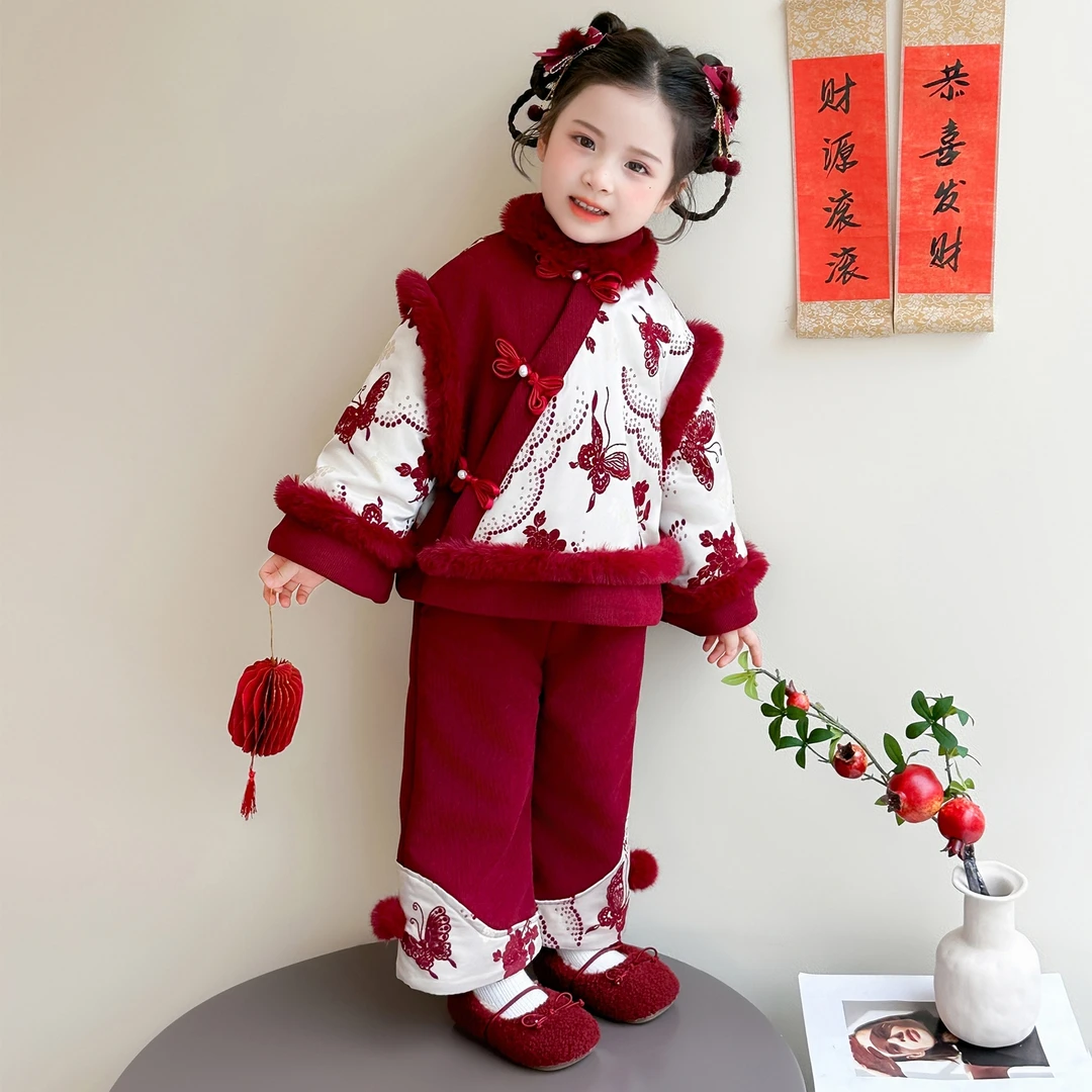 女童加绒拜年服套装冬季儿童加厚中国风唐装女宝宝新中式汉服冬装