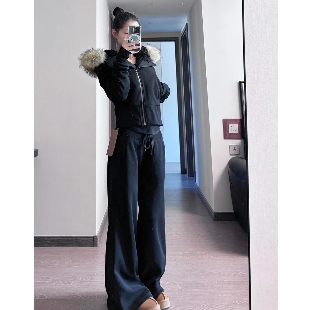 厚黑女装套装网红复古秋冬2025新款加绒加厚显瘦卫衣阔腿裤两件套