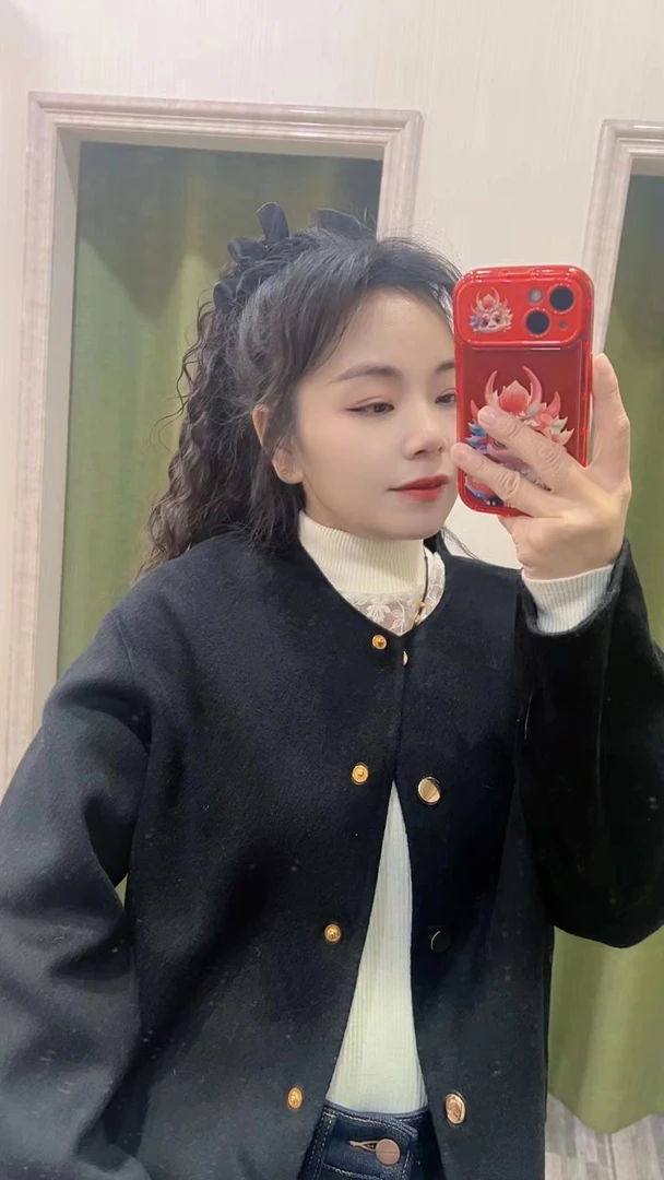 8384007新款时尚宽松圆领暗扣短款百搭双面毛呢大衣外套