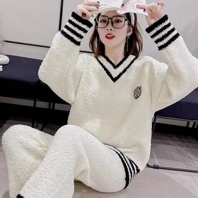 半边绒睡衣女士春秋冬季2025新款加厚珊瑚绒毛绒家居服套装可外穿