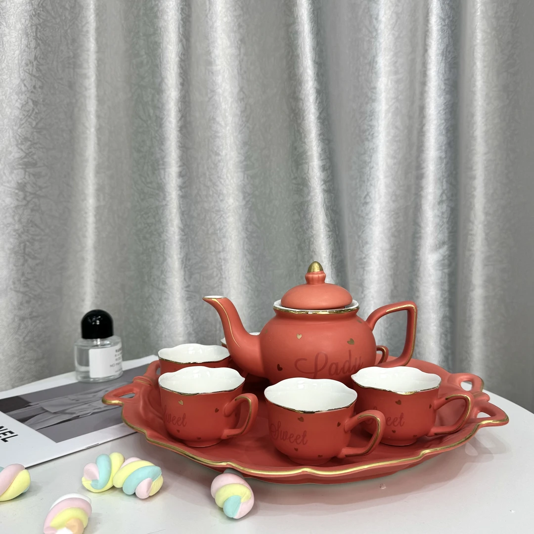 高档精致描金橘红色杯子茶盘陶瓷杯碟泡茶壶轻奢茶杯套装水壶茶具