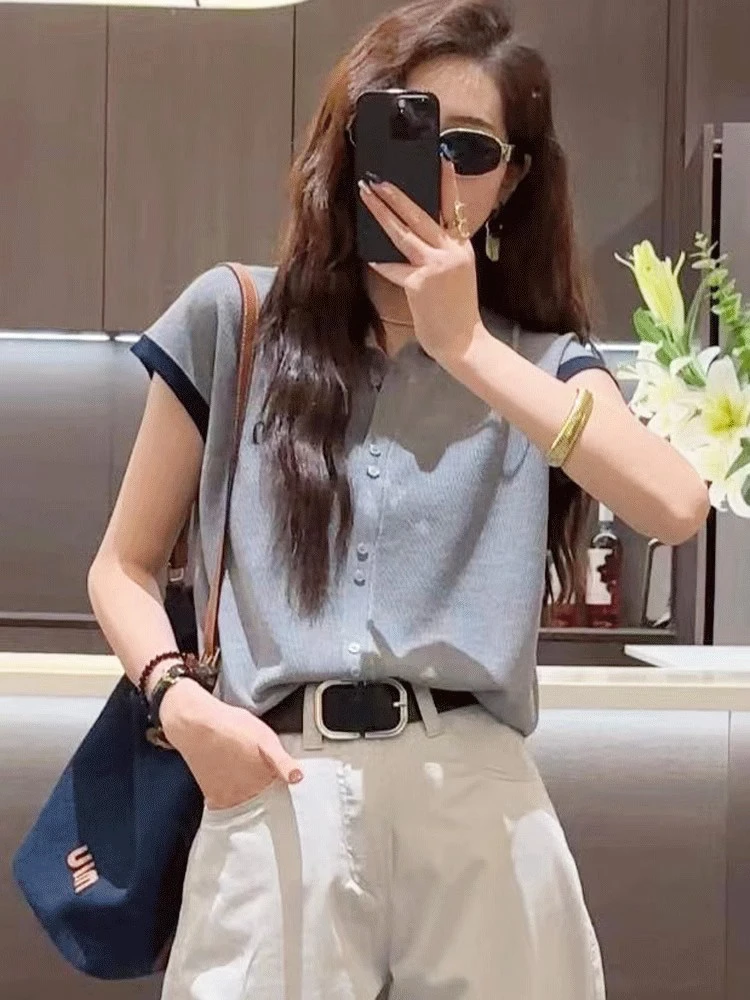 高级时尚冰丝短袖冰丝针织t恤衫女夏季新款洋气减龄薄款开衫上衣