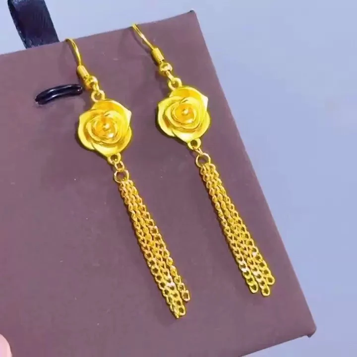 铜合金耳饰 2025精致玫瑰花耳坠长款流苏耳环