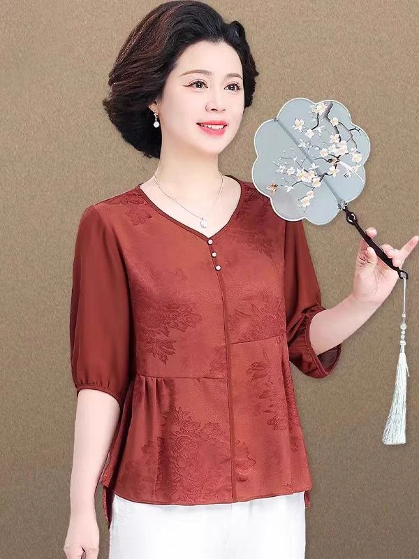 新中式妈妈夏装雪纺拼接短袖缎面衬衫2025新款洋气国风上衣8001