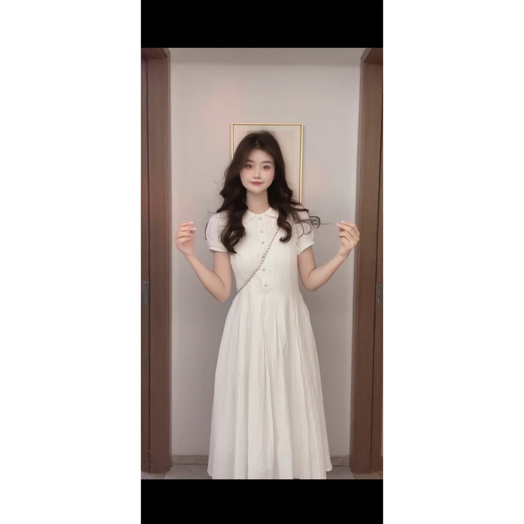 学院风白色泡泡袖连衣裙2025夏新款小个子气质收腰显瘦初恋长裙女