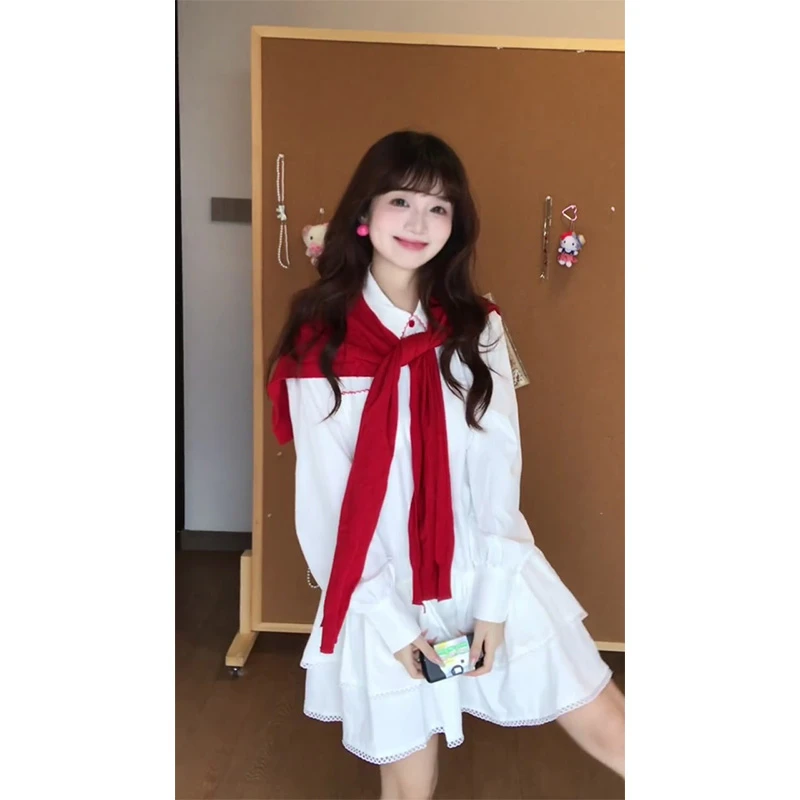 韩系学院风撞色Polo领长袖衬衫裙女早秋新款减龄披肩镂空蓬蓬短裙