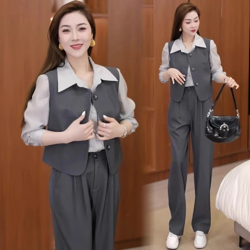 小个子时尚套装女士春秋新款设计感职业马甲长袖衬衫直简裤三件套