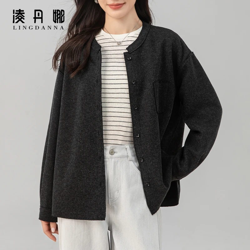 灰色羊毛外套女秋冬2025年新款慵懒风开衫圆领长袖毛呢上衣中长款